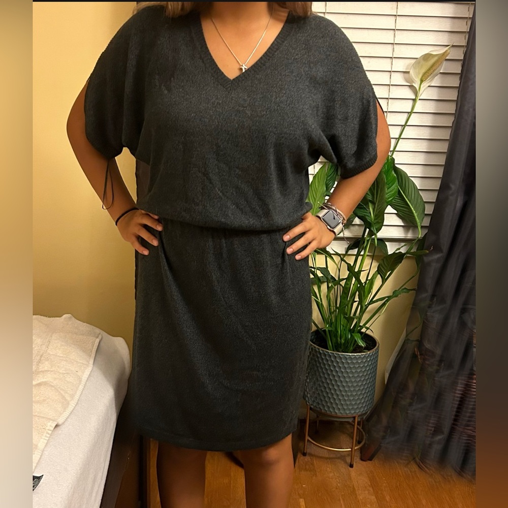 Evan-Picone Dark Gray Sweater Dress Dolman Loose Fit Drawstring Waist L Large